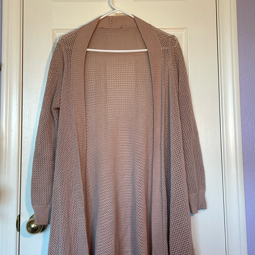 Extra-long blush pink knit cardigan